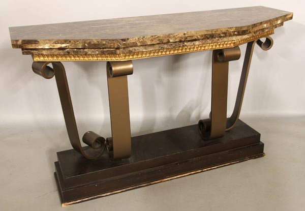 Console Table with Mirror: Console table with marble top and hanging mirror, 35 1/2"h x 60"w x 19"d.