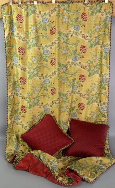 English Gold and Silk Bed Puff and Down Pillows: English gold and silk floral bed puff with pair of burgundy down filled pillows, 102"l x 50"w.