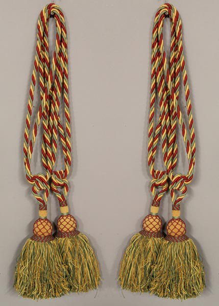 4 Tassel Tiebacks: Four tassel tiebacks, burgundy, gold and green.