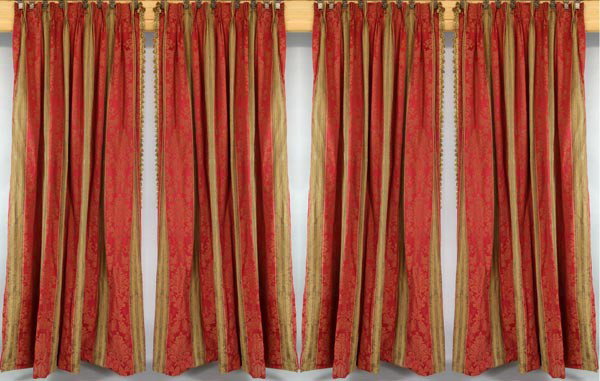 2 Pairs of Damask Striped Drapes: Two pairs of burgundy and bronze damask striped drapes, two matching cornice boards included, 111"l x 75"w (drapes), 16"h x 55"w x 10"d (cornice boards).