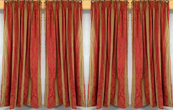 2 Pairs of Damask Striped Drapes: Two pairs of burgundy and bronze damask striped drapes, two matching cornice boards included, 111"l x 75"w (drapes), 16"h x 58"w x 10"d (cornice boards).