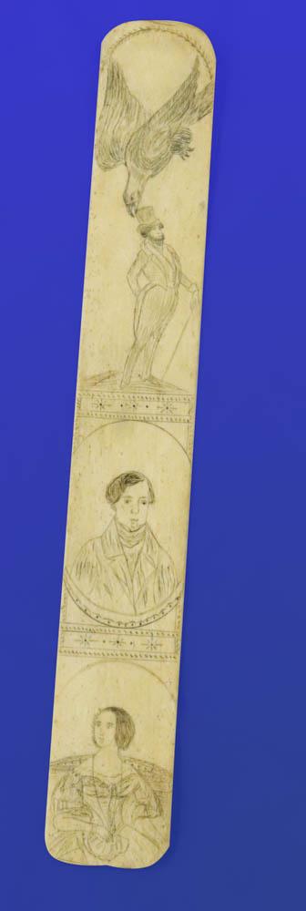 Antique Scrimshaw Whale Bone Busk: Antique scrimshaw whale bone busk with portraits and eagle, signed indistinctly, 12 1/4" L x 1 3/4" W. Provenance: Private Collection of Anthony Athanas, restaurateur.