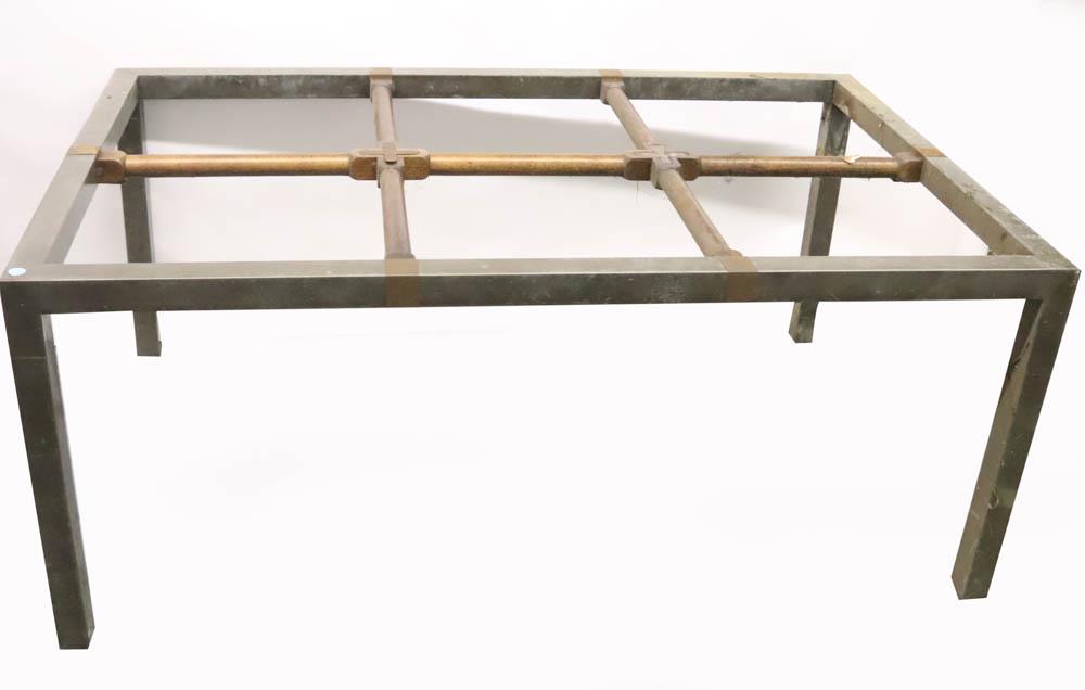 Oak and Steel Industrial Table Frame: Oak and steel industrial table frame, 28" H x 5' 8" L x 3' 8" W. Provenance: The Anthony Athanas Collection, from one of his celebrated restaurants.