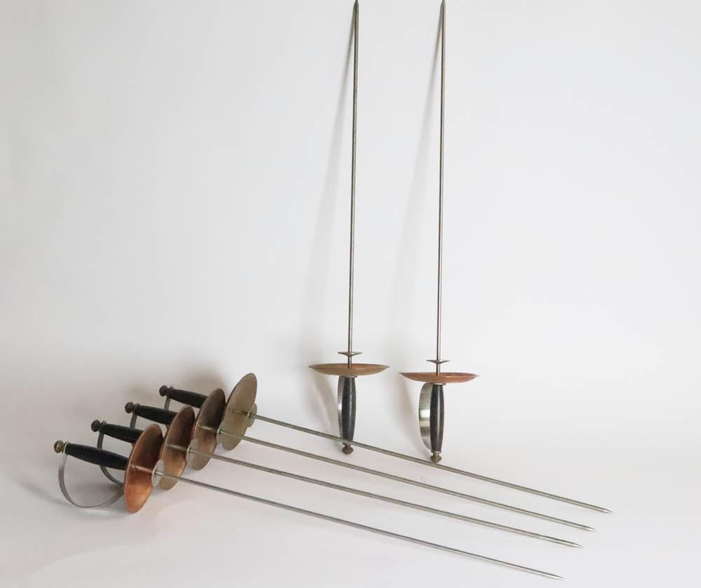 Meat Skewers with Copper Hand Guards: Meat skewers with painted wood handles and copper hand guards, set of six (6), 28" L. Provenance: The Anthony Athanas Collection, from one of his celebrated restaurants.