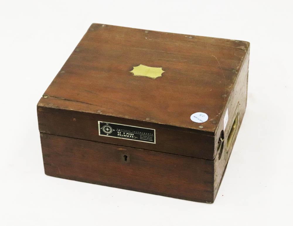 Vintage Brass Sextant, Heath: Vintage brass sextant in original case, marked 'Heath', with U.S. Navel Observatory Certificate dated 1943, case measures 5 1/2" H x 10 3/4" W x 10" D. Provenance: The Anthony Athanas Collection, from