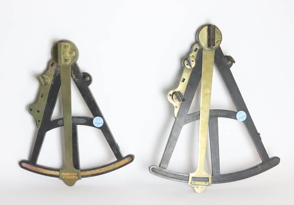 Two Antique Brass and Wood Octants: Antique octants, two (2) total, brass and wood, larger 16" H x 13" W. Larger missing bone degree scale. Provenance: The Anthony Athanas Collection, from one of his celebrated restaurants.