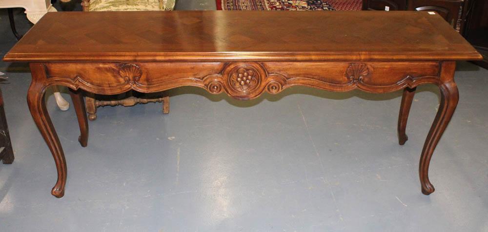 Console Table with Parquetry Top, Shell Carving: Console table with parquetry top, shell carving, and cabriole legs, 28" H x 71" W x 20" D. Provenance: Collection of Anthony's Cummaquid Inn, Yarmouthport, Massachusetts.