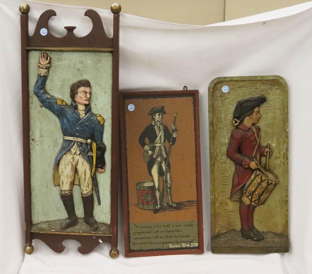 Group of Three Decorative Wall Plaques: Group of three decorative wall plaques to include two carved wood and one print, largest 36" H x 13 1/2" W. Provenance: The Anthony Athanas Collection, from one of his celebrated restaurants.