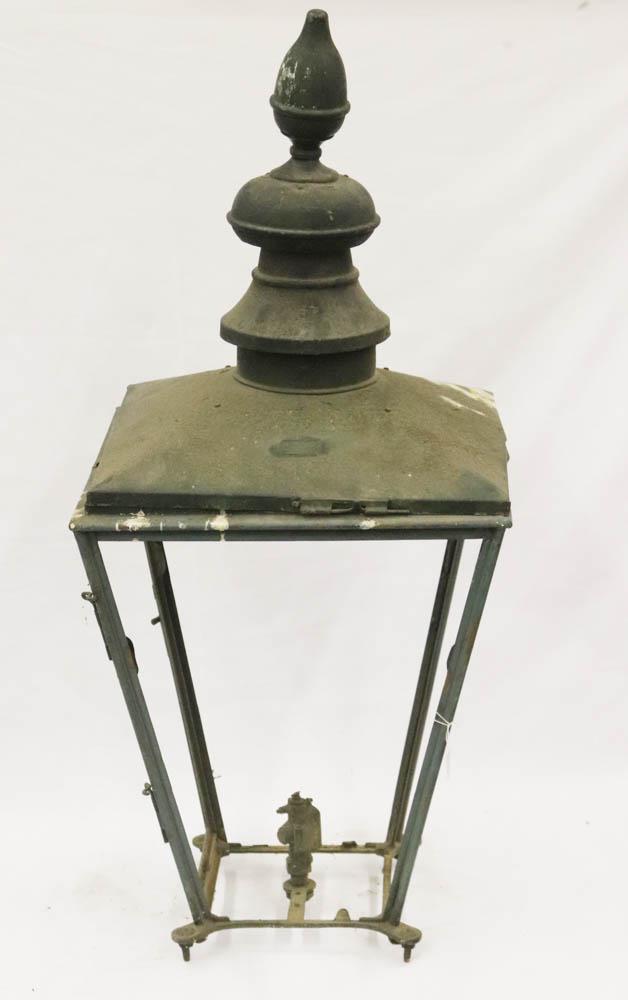 19th Century Painted Copper Street Lantern Frame: 19th century copper street lantern frame with original green paint and gas fittings, approximately 37" H x 16" square at widest point. Original makers metal tag. Provenance: The Anthony Athanas Collec