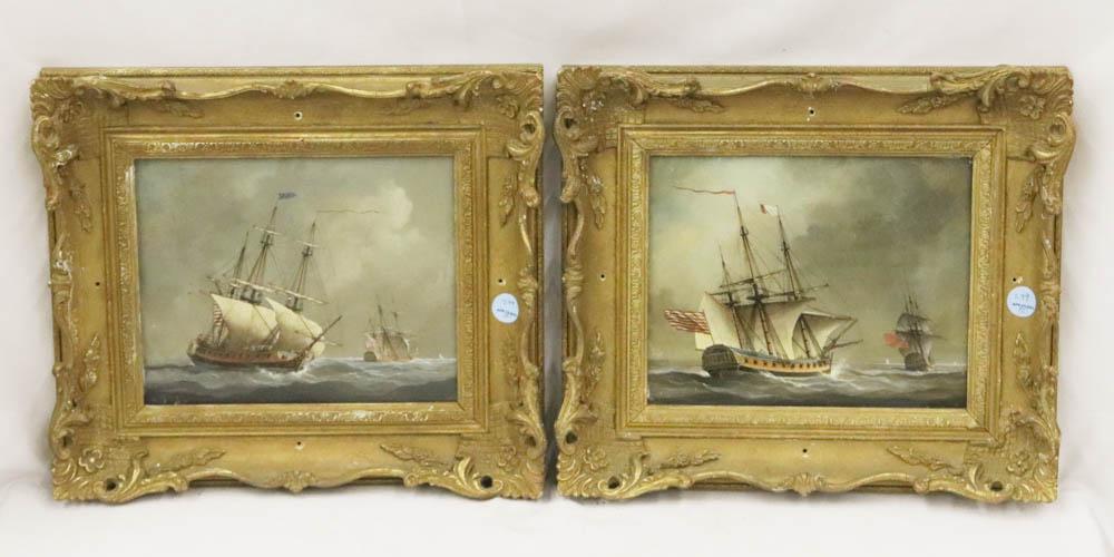 Louis Dodd Attributed, Pair of Paintings, Ships at Sea: Pair of paintings depicting ships at sea, attributed to Louis Dodd, oil on canvas, unsigned, sight 8 1/2" H x 10 1/2" W, frames 14 1/4" x 16 1/2" W. Provenance: The Anthony Athanas Collection, from on