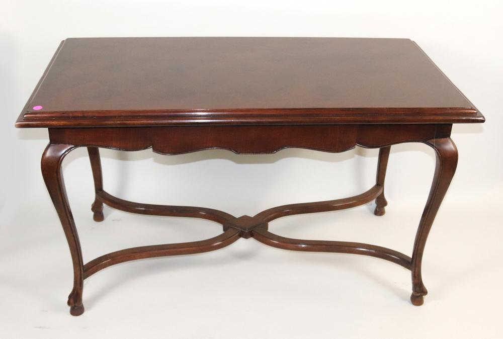 Mahogany Parquetry Top Table: Mahogany parquetry-top table with single drawer, hoof foot stretcher base, 30 1/2" H x 53 1/2" W x 29 1/4" D. Good condition. Provenance: Anthony's Pier 4 restaurant, Boston, Massachusetts.