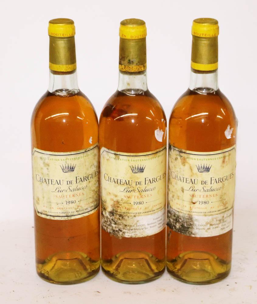 1980 Chateau Fargues Sauternes, (3): 1980 Chateau Fargues Sauternes, 750ml, (3) bottles. Stored in climate-controlled wine cellar. Provenance: Anthony Athanas Collection, Anthony's Pier 4, Boston, Massachusetts.