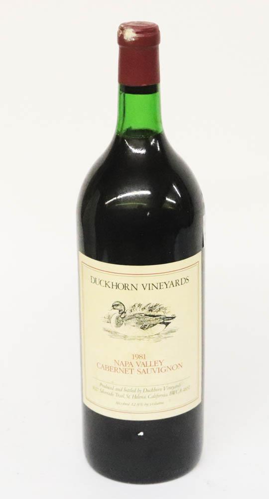 1981 Duckhorn Cabernet Sauvignon, 1500ml, (1): 1981 Duckhorn Cabernet Sauvignon, 1500ml, (1) bottle. Stored in climate-controlled wine cellar. Provenance: Anthony Athanas Collection, Anthony's Pier 4, Boston, Massachusetts.