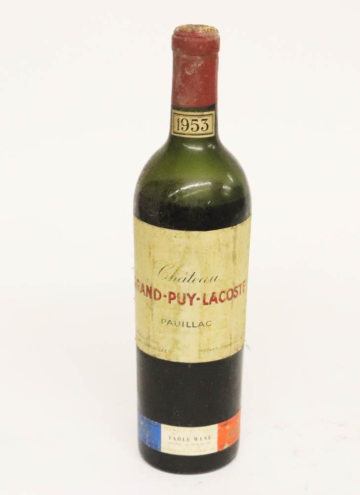 1953 Chateau Grand-Puy-Lacoste Pauillac, (1): 1953 Chateau Grand-Puy-Lacoste Pauillac, 750ml, (1) bottle. Stored in climate-controlled wine cellar. Provenance: Anthony Athanas Collection, Anthony's Pier 4, Boston, Massachusetts.