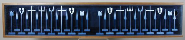 1962 Aluminum Modernist Chess Set: Austin Cox Enterprises for Alcoa, Modernist chess set, aluminum, pieces machined from aluminum bar range from 3 3/4" to 4 3/4", black anodized and clear pieces, walnut box with blue tinted Plexiglas s