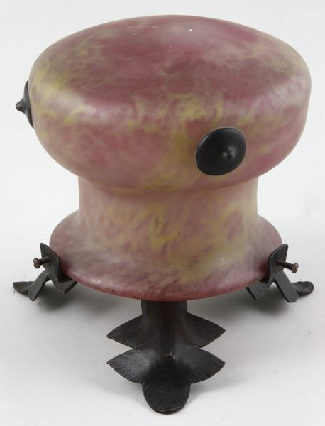 Schneider Veilleuse: Schneider, veilleuse or night light, signed and amphora marked, on wrought iron base, 6"h x 6"dia. Of the period.