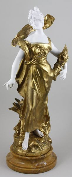 Moreau, "Centier Fleuri 'Path of Flowers'", Gilt : Louis Moreau (1855-1919), "Centier Fleuri 'Path of Flowers'", art nouveau figurine, gilt bronze and porcelain on marble base, 20 1/2"h.