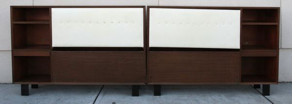 Eames for Miller Headboard: Ray and Charles Eames for Herman Miller, headboard and shelving units left and right, 29 3.4"h x 56 1/4"w x 12"d. Light scratches to finish, one 1/2" hole to back panel of second shelf on each.