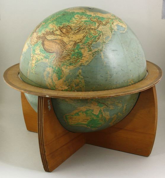 Early 20th C. Denoyer - Geppert Co. Globe on Stan: Early 20th century, world globe on stand, published by Denoyer - Gebbert Company of Chicago, globe is 16"dia, stand is 10 1/4"h x 20"dia. Small area of surface scrapes to globe, some craquelure.