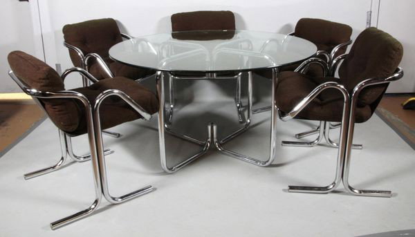 5 Jerry Johnson "Arcadia" Lounge Chairs: Five Jerry Johnson, "Acadia", lounge chairs and table base, Landes Manufacturing Los Angeles USA 1970, chrome steel tube with canvas sling seats, original cushions, 32"h, 21"h x 22 1/2"w x 24 1/2"d (c