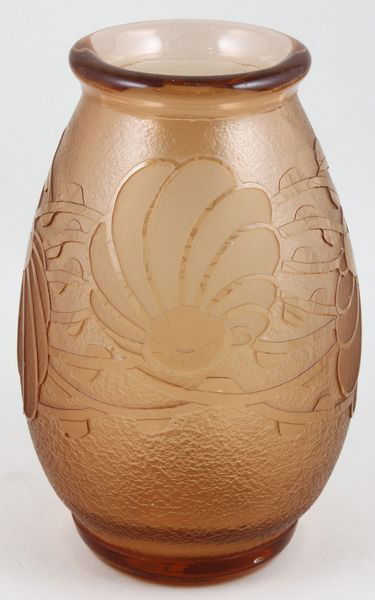 Circa 1928-30, Le Verre Français, Vase: Le Verre Français, single color overlay vase, circa 1928-30, signed Charder and Le Verre Français, 7 1/2"h x. One 1/8" bruise to glass at rim of base. Of the period.