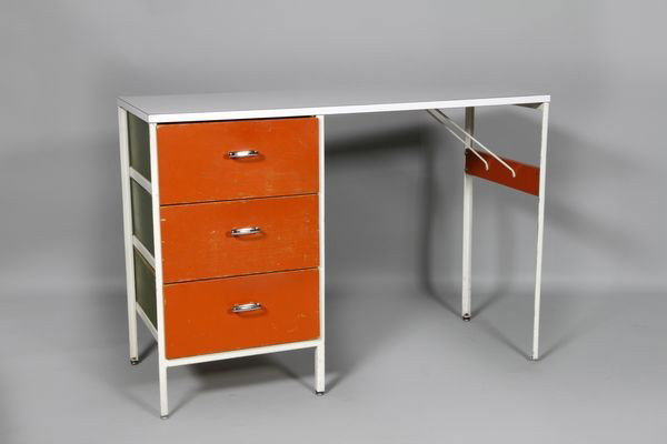 1955 Nelson for Miller Desk: George Nelson for Herman Miller, desk, circa 1955, 29 5/8"h x 42"w x 18 1/4"d. Light wear to top, veneer loss at edges of drawers, missing one leg glide.