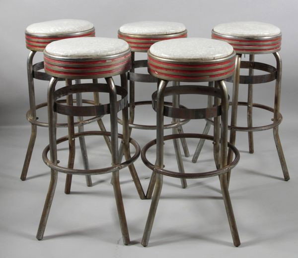 5 1950's Soda Fountain Stools: 1950's Set of five, soda fountain stools, Art Porcelain Products, Brooklyn NY, chrome tube and cast construction, 29 1/2"h x 14"dia. Light corrosion to bases.