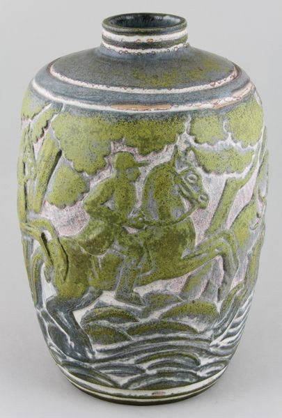 Joseph & Pierre Mougin, Nancy, Art Deco Vase: Joseph & Pierre Mougin, Nancy, by Gaston Ventrillon-le-jeune, art deco hunting scene, 12 1/4"h x 7 3/4"dia. Of the period.
