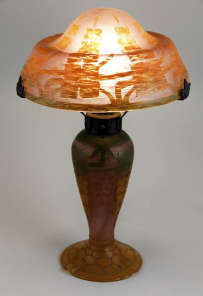 Le Verre Français Cameo Glass Table Lamp: Le Verre Français, cameo glass table lamp, "Frenes" or "Ash Tree" pattern, base signed with blue, white and red candy cane, 16"h x 9 3/4"dia. Of the period.