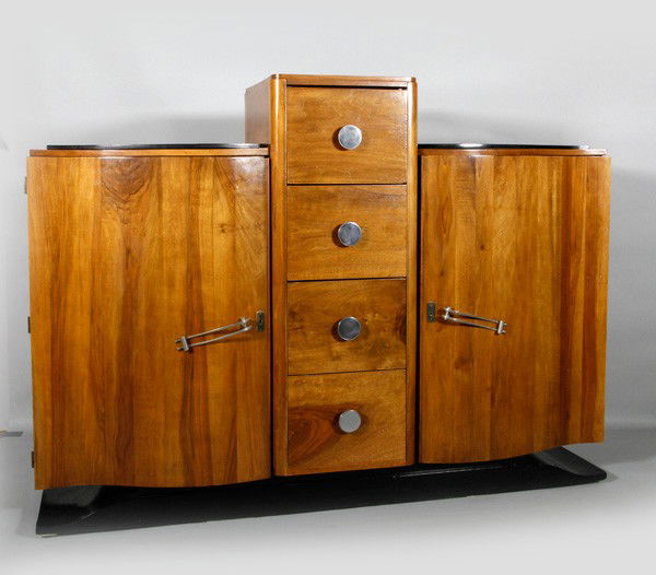 1925 Art Deco Cabinet: 1925 Art Deco cabinet, 51 1/2"h, 43 1/2"h x 71"w x 20"d. Minor chips to veneer, light scratches to finish.