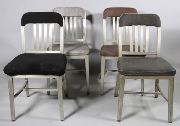 4 Goodform Aluminum Office Chairs: Four Goodform, aluminum office chairs, circa 1950's, 33 1/2"h, 18 1/2"h x 17 1/2"w x 21 1.2"d. Mismatched covers, wear, some loose.