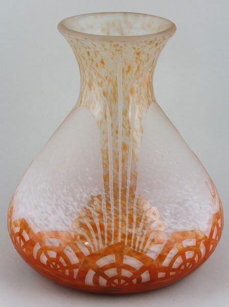 Le Verre Francais, Cameo Glass Vase: Le Verre Français, cameo overlay glass vase, unnamed pattern, signed Le Verre Français and Charder, 11"h x 9"dia. Of the period.