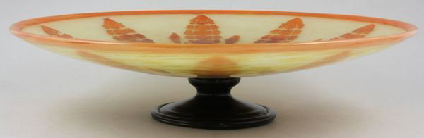 Le Verre Français, Compote, Cameo Glass: Le Verre Français, cameo overlay glass compote, retailed by and signed Ovingtons, rare "Jacinthes" or "Hyacinth" pattern, 4"h x 15 1/4"dia. Illustrated in Joulin and Maier's book on Schenider and Le 