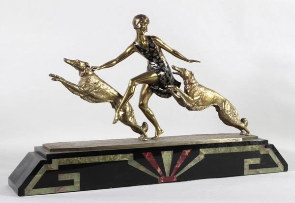 Lormier, Woman with 2 Borzois, Bronze: J. Lormier, Art Deco, bronze figurine of a woman with two (2) borzois, signed, 18"h x 31 1/2"w x 6"d. Of the period.