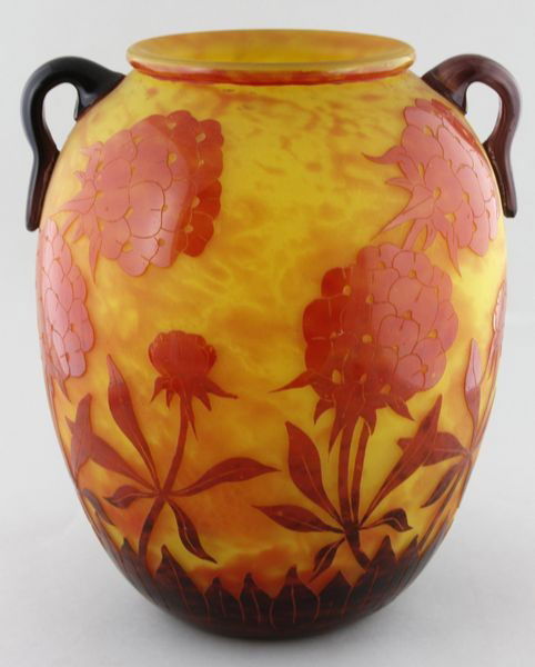 Le Verre Français Cameo Glass Vase: Monumental Le Verre Français, cameo glass vase with applied handles, "Hydrangea" pattern, signed Le Verre Français and Charder, 12 1/4"h x 9"dia. Of the period.