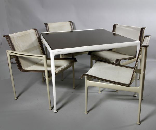 Schultz for Knoll Table and Chairs: Richard Schultz for Knoll, table, aluminum frame with enamel top, 26"h x 38"sq; two side chairs, 28 1/2"h, 16"h x 19 1/2"w x 22 1/2"d; two armchairs 29 1/2"h, 16"h x 23 1/4"w x 23 1/4"d.