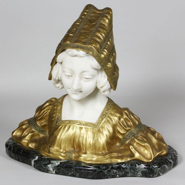 Hunnateau, French Bronze and Alabaster Sculpture: French sculpture of maiden, bronze and alabaster on marble base, signed Hunnateau, 13 1/2"h x 16"w x 6 3/4"d. Of the period.