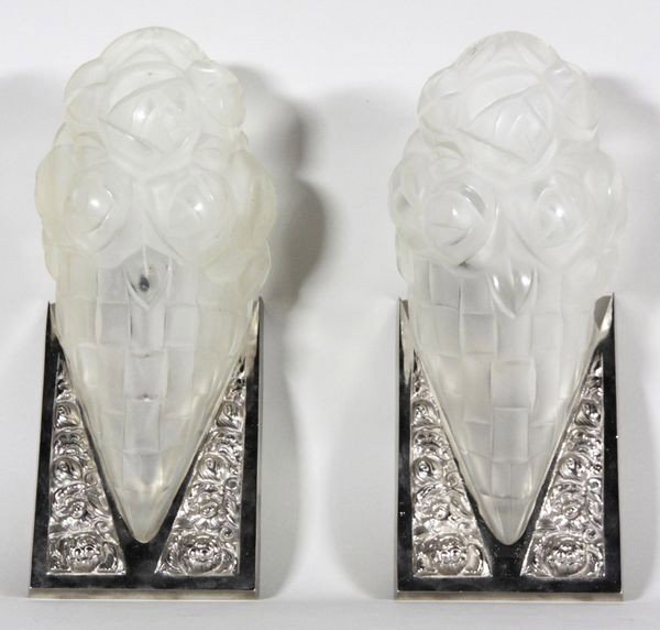 Pair of Degue, "Basket of Flowers", wall sconces: Pair of Degue Art Deco "Basket of Flowers" wall sconces, frosted glass and chrome, 12 1/2"h x 5 1/2"w x 6"d. Of the period.