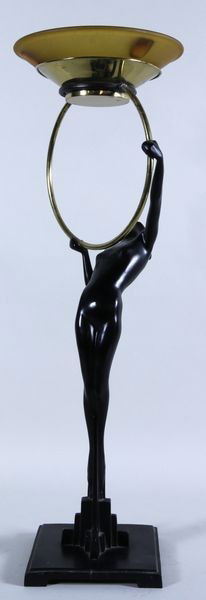 Frankart Smokers Stand: Mark Frankart figural smokers stand, original glass, signed, 26 1/2"h. Of the period.