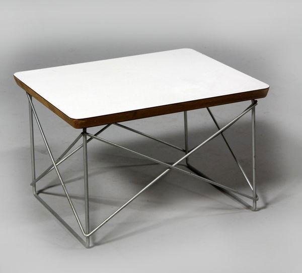 1950 Eames for Miller Table: Ray and Charles Eames for Herman Miller, LTR strut table, circa 1950, 10"h x 15 5/8"w x 13 3/8"d. Light scratching, wear and several small edge chips to top, missing label.