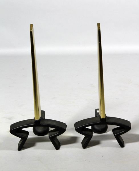 1960's Deskey Andirons: Donald Deskey, andirons, circa 1960's, 19 1/4"h x 9"w x 8"d. Excellent condition.