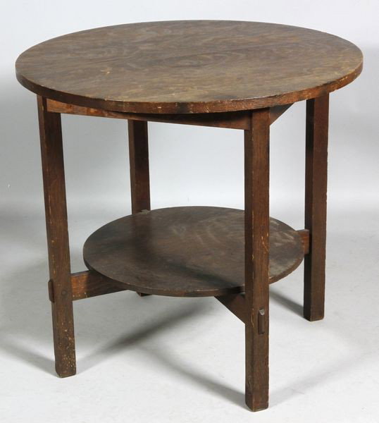Stickley Brothers Co. Lamp Table: Stickley Brothers Company, two-tier lamp table, Metal Quaint tag, original finish, 26"h x 28"w.