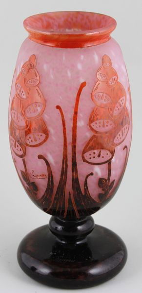 Le Verre Français, Cameo Glass Vase: Le Verre Francais, cameo overlay glass vase, "Digitalis" or "Foxglove" pattern, signed Le Verre Français and Charder, 11 5/8"h. Of the period.