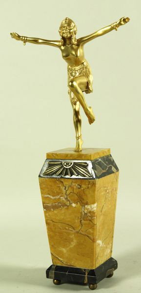 Chiparus, Flapper, Gilded Bronze: Demetre H. Chiparus (Romanian 1886-1947), gilded bronze of a flapper on marble base, signed on base, 17"h. Of the period.
