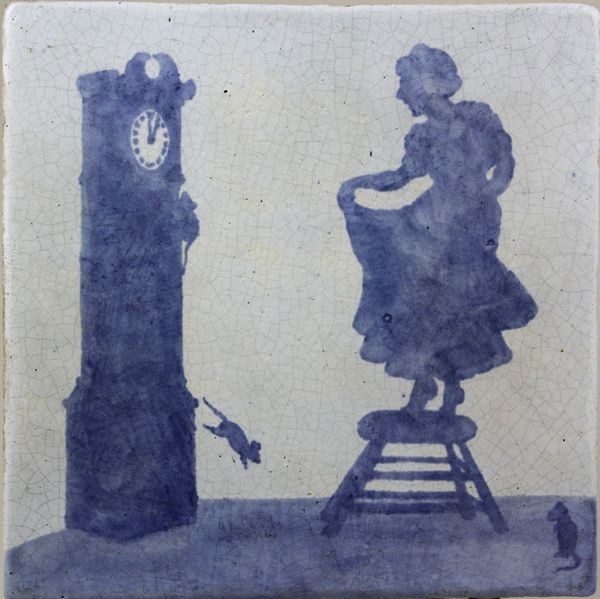 Attributed Tutt, Arts and Crafts Tile: Arts and Crafts tile, attributed to Sarah Tutt, Marblehead Pottery decorator, nursery rhyme theme "Hickory Dickory Dock", slip decorated design in shades of blue, matte in silhouette, unmarked, old sa