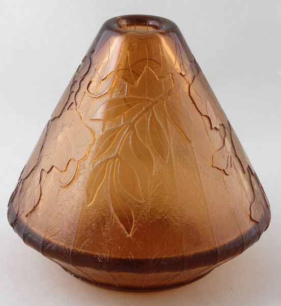 Le Verre Français, Cameo Glass Vase: Le Verre Français, single color peach cameo cut vase, signed Charder and Le Verre Français, 7 1/2"h x 7 3/4"dia. Of the period.