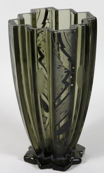 Art Deco Smokey Glass Vase: Art Deco, vase, smokey glass with cased ground and gilt decoration, cubist shape, 10"h x 5 3/4"w. Scratching and minor chipping to foot.