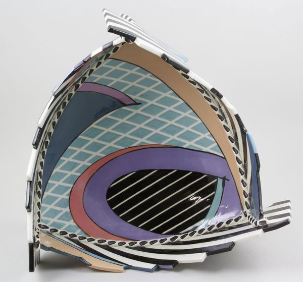 1980's Hafner Gazpacho Server II: 20th century, Dorothy Hafner, gazpacho server II, porcelain with polychrome slip and clear overglaze, signed, circa 1980's, includes ladle, 11" (ladle), 8"h x 11"dia (bowl). From the collection of Mr.