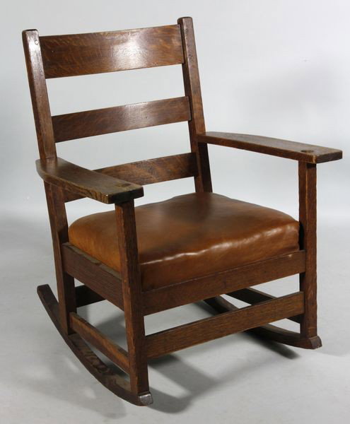 L. & J.G. Stickley Oak Arm Rocker: L. & J.G. Stickley, arm rocker, oak, signed with Handcraft decal, spring seat, original finish, 33"h x 26"w x 26 1/2"d.