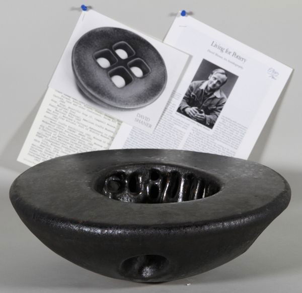 20th C. Shaner Studio Pottery Bowl: 20th century, David Shaner (American 1934 - 2002), sculptural bowl, studio pottery, Bigfork Montana, signed, circa 1970's, 5"h x 15"dia. From the collection of Mr. and Mrs. James Horvitz of Palm Deser